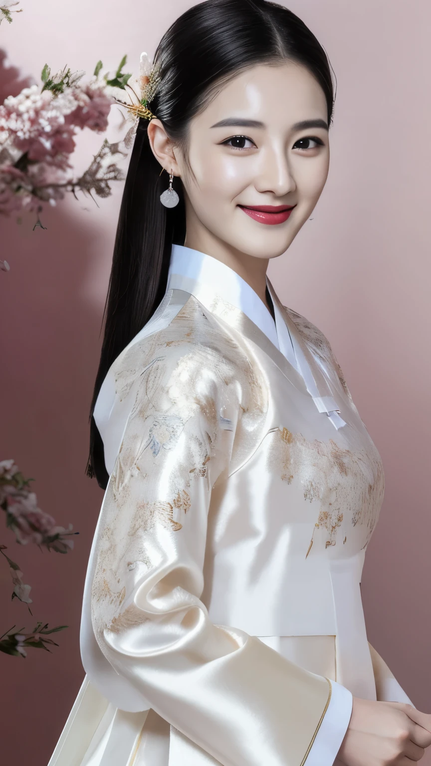 Woman wearing Chinese clothing,Upper body portrait,looking at viewer, Korean, 30 years-old, One of the three most beautiful women in the Korean, A beauty known all over the world, (light Black hair, beautiful lip, smile, earring ), (middle breasts, slender whist, wide hip ) ,(Silk Korean Hanbok clothing ,background wear color is White), Royal cloth, Korean shoes ),(masterpiece, highest quality, High resolution, Photo realistic, sharp, RAW Photos, 8k wallpaper, perfection, Professional Lighting, Very detailed)