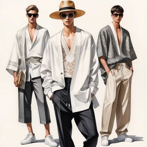 candid fashion illustration of a group of young 3man, aged 23 year old, tall and slender, mix race male super model, ((showcase ...