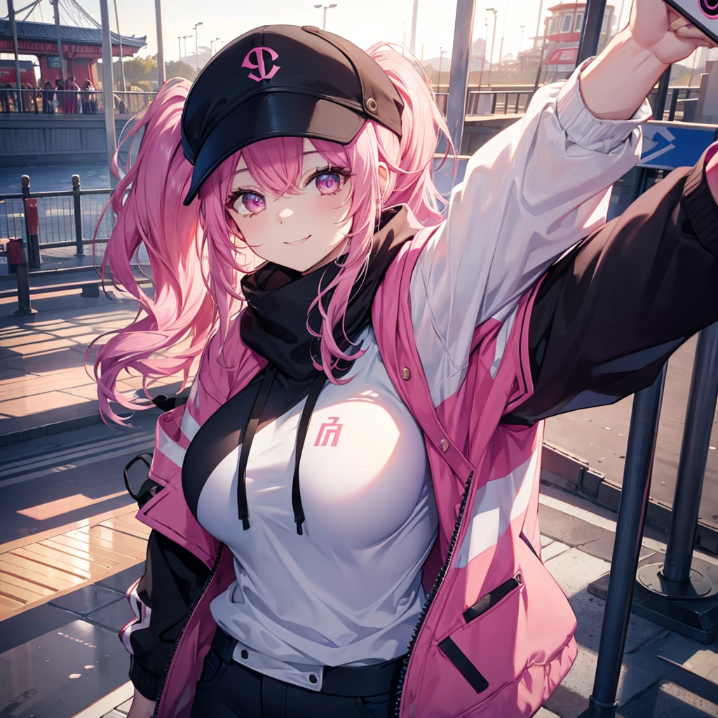 One woman,Best Influencers((Taking a selfie,High angle, wearing a black cap, big breasts)) background(amusement park,Ferris wheel) Super smile,Smiling with teeth showing,V sign pink hair,Side ponytail Pink eyes,Shiny hoodie,Pink accent anime style,Japan Shining Eyes,A masterpiece Shining edges