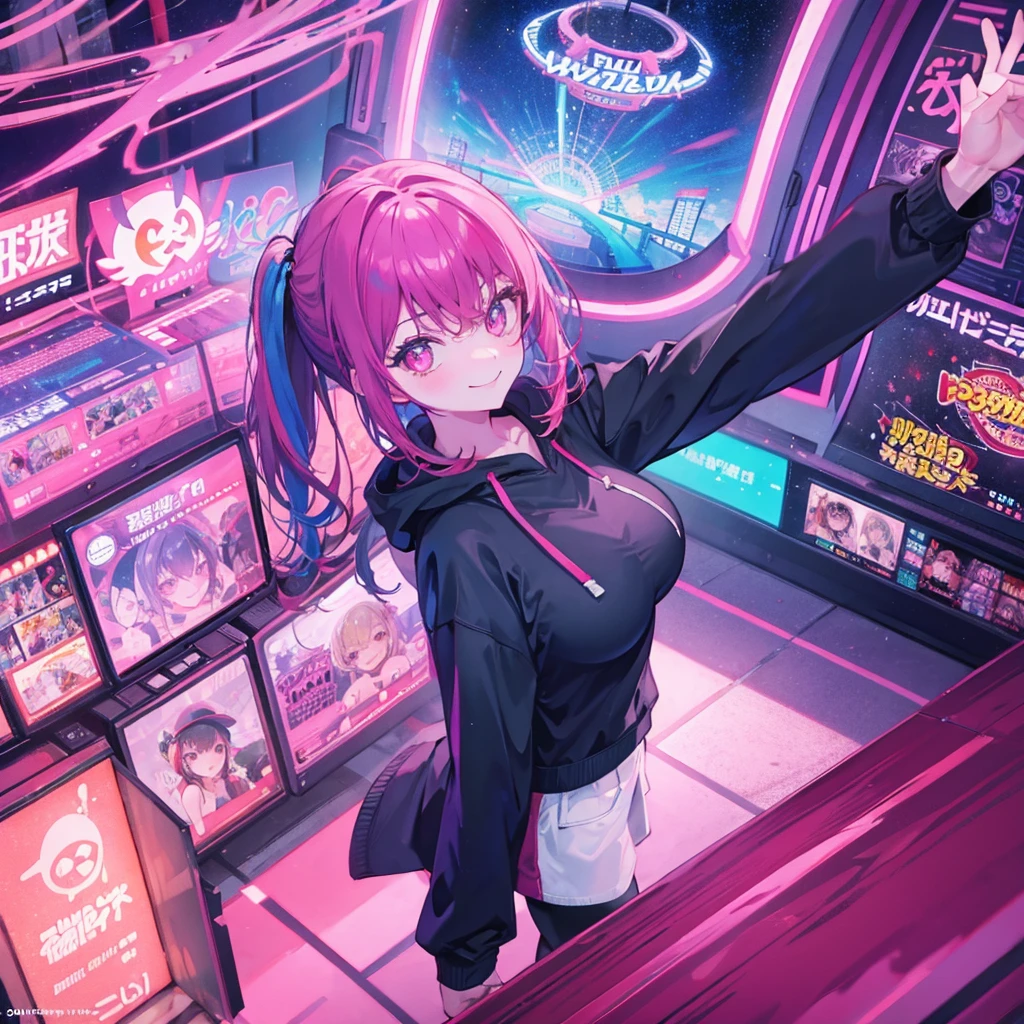 One woman,Best Influencers((Taking a selfie,High angle, wearing a black cap, big breasts)) background(amusement park,Ferris wheel) Super smile,Smiling with teeth showing,V sign pink hair,Side ponytail Pink eyes,Shiny hoodie,Pink accent anime style,Japan Shining Eyes,A masterpiece Shining edges