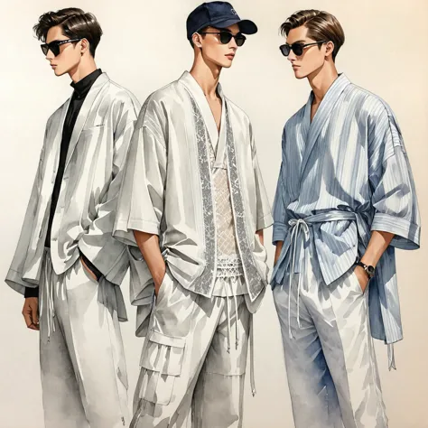 candid fashion illustration of a group of young 3man, aged 23 year old, tall and slender, mix race male super model, ((showcase ...