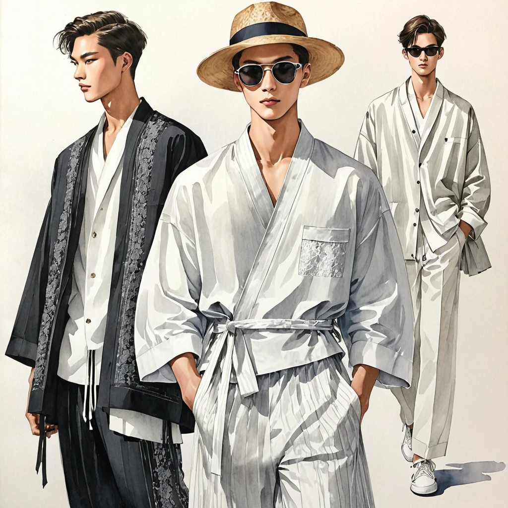 candid fashion illustration of a group of young 3man, aged 23 year old, tall and slender, mix race male super model, ((showcase fashion in a cotton outfits)), inspired by Christian Dior menswear resort collection, in elegant style with ((mixed Trible ethnic woven fabric details)). The 1st man wears an oversized shirt lace, paired with over side Pants, semi hard bugle, The 2nd man complements him in a white lace shirt, paired with white Drawstring short pants, 3rd man wears an oversized Yukata with lace details, and relaxed hammer Pants, side entry pockets, all 3man completes the look with white sneakers, sunglasses, straw hat. Captured in a ((full-body pose)), ((drawing on white paper background)), realistic pencil lines, imperfect drawing, charcoal lines detail, fading sketch, fashion Sketching, low angle view, three man,