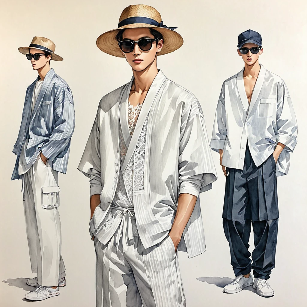 candid fashion illustration of a group of young 3man, aged 23 year old, tall and slender, mix race male super model, ((showcase fashion in a cotton outfits)), inspired by Christian Dior menswear resort collection, in elegant style with ((mixed Trible ethnic woven fabric details)). The 1st man wears an oversized shirt lace, paired with over side Pants, semi hard bugle, The 2nd man complements him in a white lace shirt, paired with white Drawstring short pants, 3rd man wears an oversized Yukata with lace details, and relaxed hammer Pants, side entry pockets, all 3man completes the look with white sneakers, sunglasses, straw hat. Captured in a ((full-body pose)), ((drawing on white paper background)), realistic pencil lines, imperfect drawing, charcoal lines detail, fading sketch, fashion Sketching, low angle view, three man,