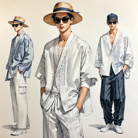 candid fashion illustration of a group of young 3man, aged 23 year old, tall and slender, mix race male super model, ((showcase ...