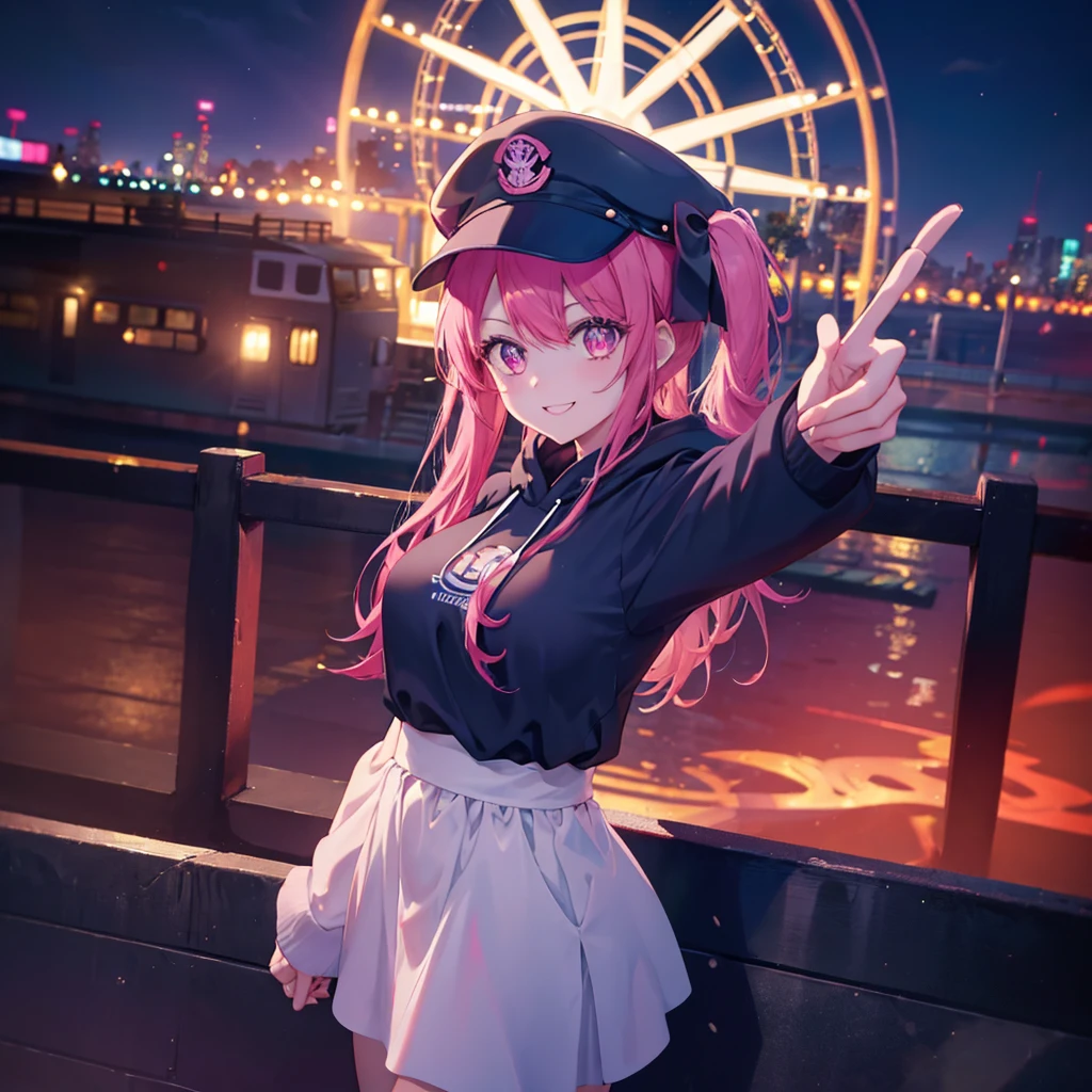 One woman,Best Influencers((Taking a selfie with his left hand,High angle, wearing a black cap, big breasts)) background(amusement park,Ferris wheel) Super smile,Smiling with teeth showing,Pink hair making a V sign with right hand,Side ponytail Pink eyes,Shiny hoodie,Pink accent anime style,Japan Shining Eyes,A masterpiece Shining edges