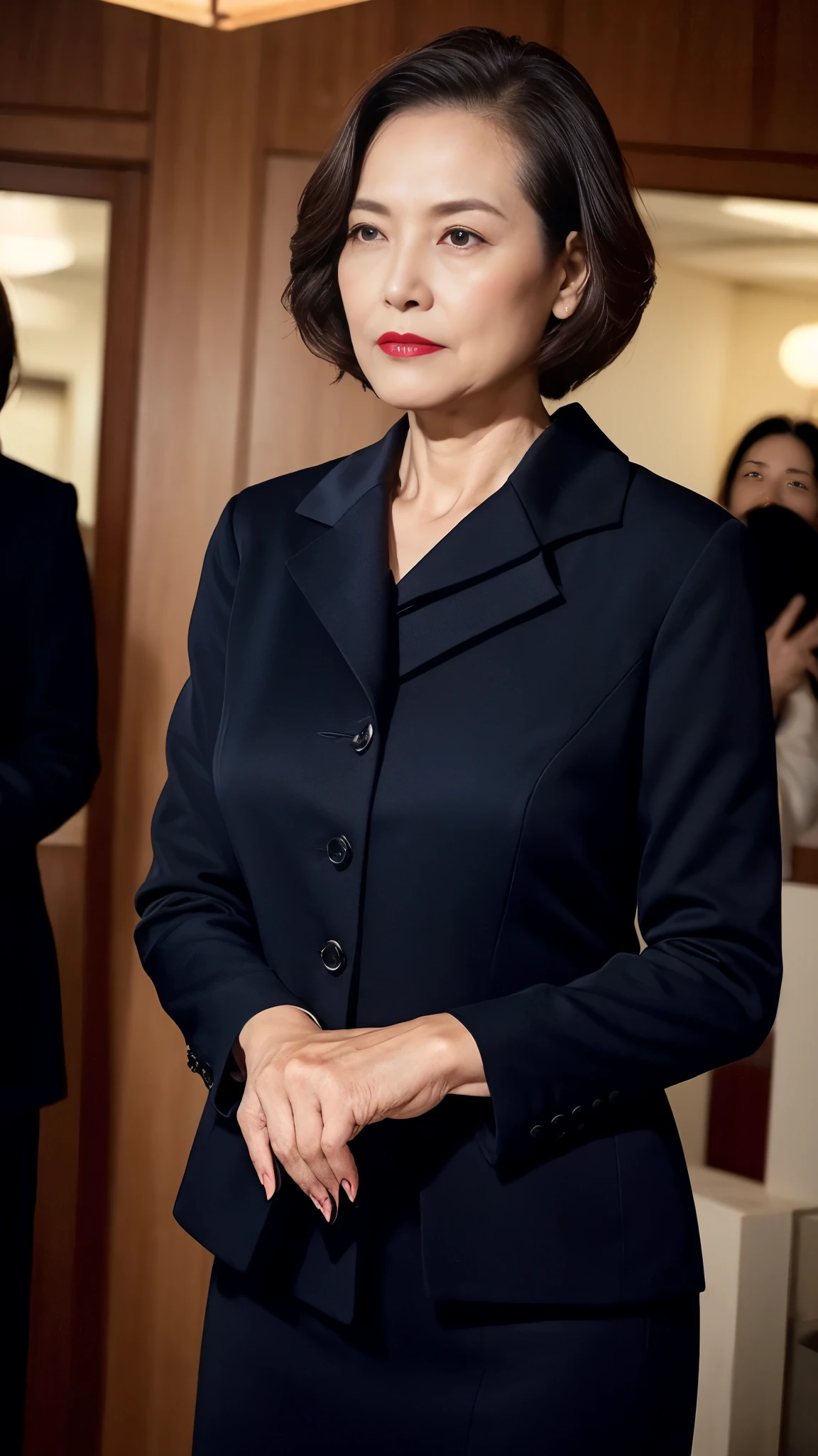 masterpiece, ((Depth of written boundary)), 32K, Beautiful finish, Medium Shot, Beautiful mature woman, 65-year-old woman, Photo of your ID, Business Person, director, View from the front, A disdainful look, Cool look, Red lips, Thin lips, suit, Light from the front,