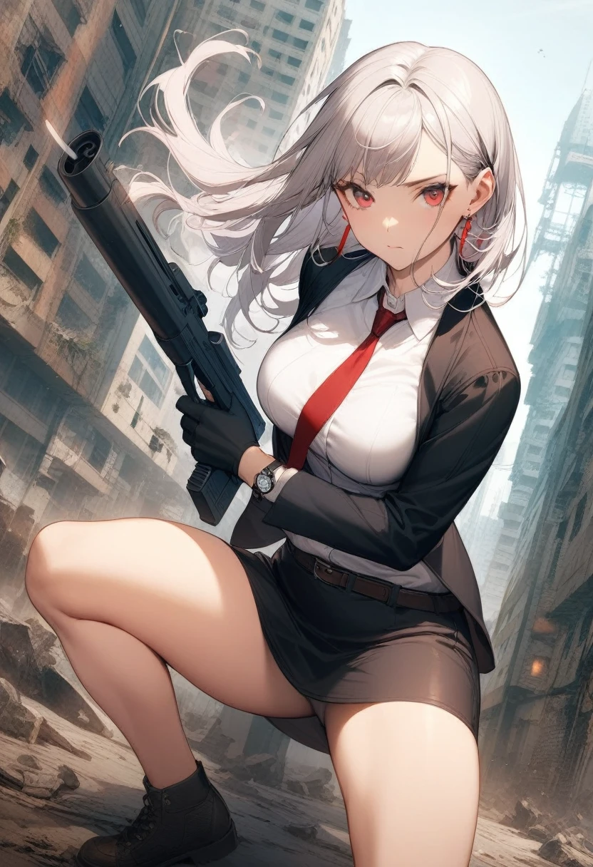 1 Girl, close up, (White hair, Medium Length Hair, Large Breasts, Red Eyes), Perfect anatomical structure, City, Cyberpunk style, ((White shirt, Black jacket, Black skirt, Umbilical cord, belt, Black Gloves, tie, watch, earrings, Sheer black leggings)), ((Holding a gun)), war, ruined City, battlefield, rubble, architecture,cigarette