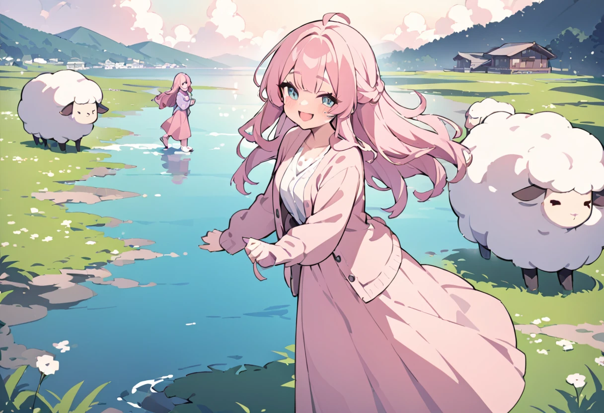 masterpiece, Highest quality, 8k, Vivid, woman, 若いwoman, smile, cute, Directed at an angle, Open your mouth, Fluffy hair, Long Hair, Hair like sheep's hair, Pink Hair, eyebrow, 太いeyebrow, one piece, Pink clothes, Long skirt, cardigan, 水色のcardigan, shoes, 茶色いshoes, ((羊 AND woman, Playing by the water)), grassland