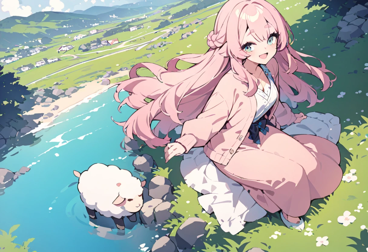 masterpiece, Highest quality, 8k, Vivid, woman, 若いwoman, smile, cute, Directed at an angle, Open your mouth, Fluffy hair, Long Hair, Hair like sheep's hair, Pink Hair, eyebrow, 太いeyebrow, one piece, Pink clothes, Long skirt, cardigan, 水色のcardigan, shoes, 茶色いshoes, ((羊 AND woman, Playing by the water)), grassland