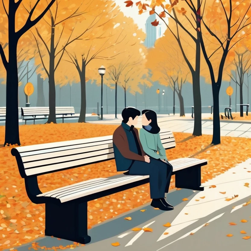 （（（Ilustración vectorial））），Recubrimiento plano，（（estilo celuloide）），（ilustración infantil），Vista lateral，Hojas caídas，Pareja en un banco del parque，（（arte minimalista）），8K，obra maestra，ricos detalles