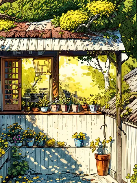 wide view, a worn off yellow big wall, white wooden dining setup in front, outdoors, sunlight falling through, shade, shed, yell...