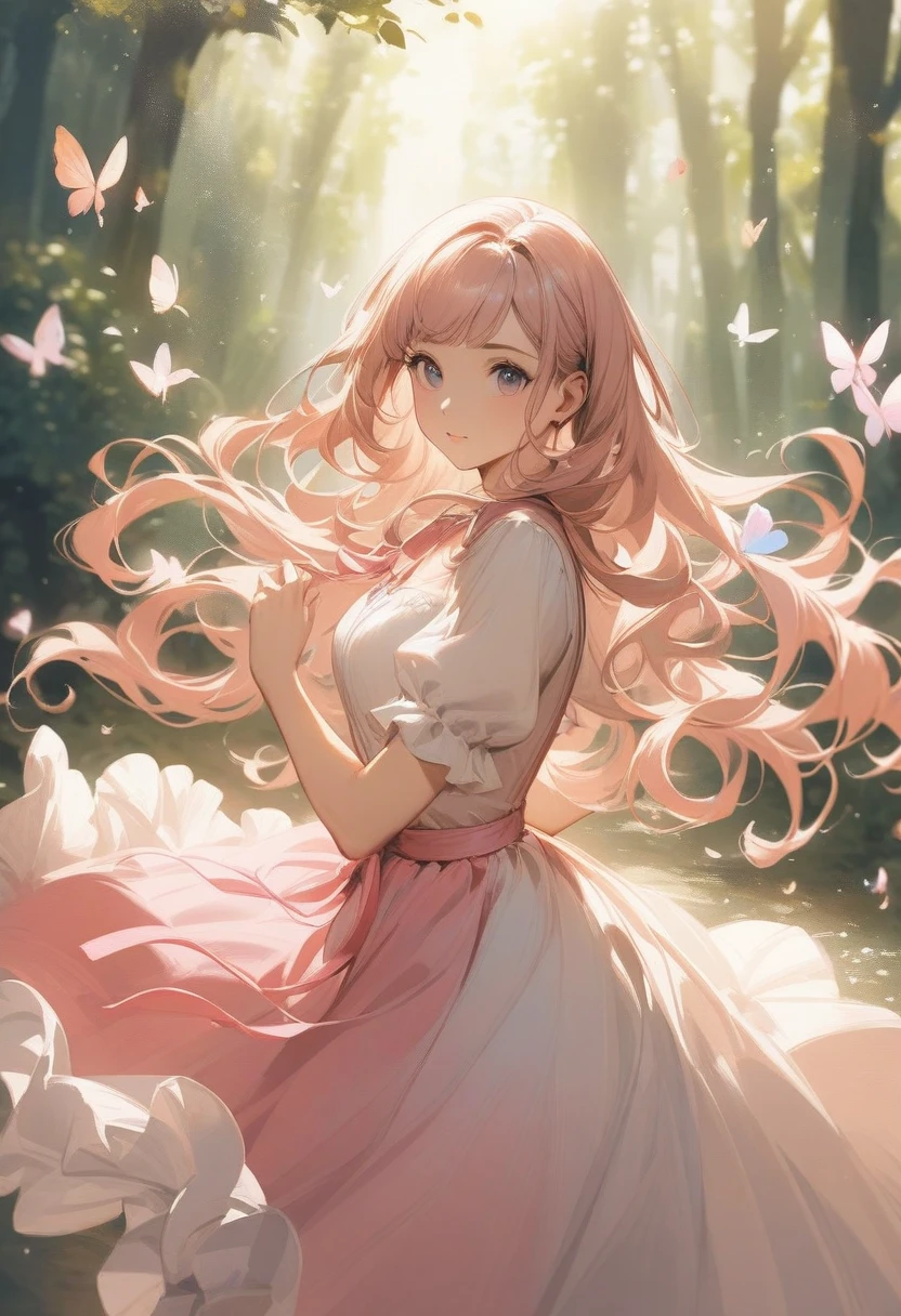 Oil painting style，A girl in a pink and white princess dress dances in the forest，She sparkles in the sunlight，The surrounding butterflies and flowers sparkled in the sunlight, highlighting her incomparable beauty.