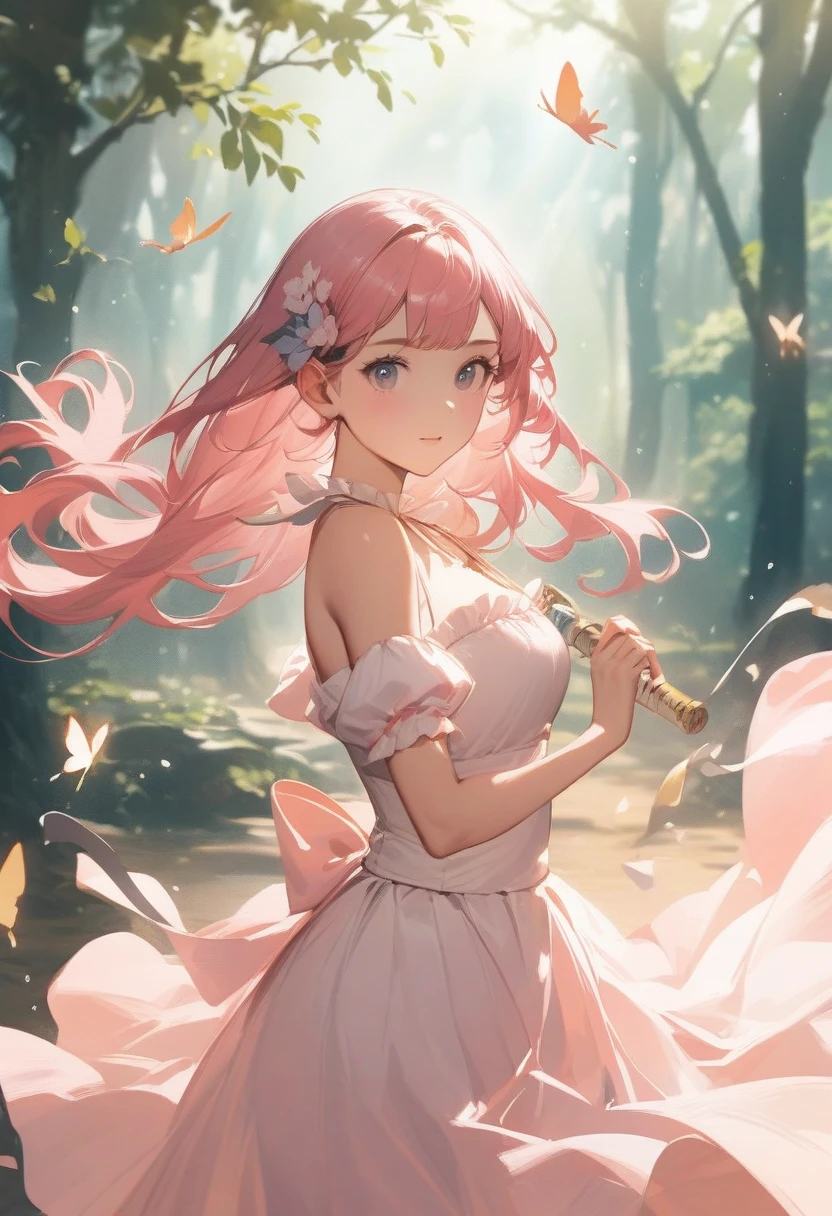 style de peinture à l&#39;huile，Une fille en robe de princesse rose et blanche danse dans la forêt，Elle scintille au soleil，Les papillons et les fleurs environnants scintillaient au soleil, mettant en valeur sa beauté incomparable.