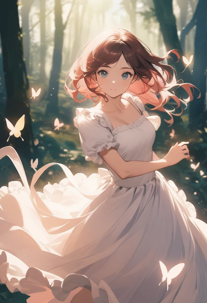 Oil painting style，A girl in a pink and white princess dress dances in the forest，She sparkles in the sunlight，The surrounding butterflies and flowers sparkled in the sunlight, highlighting her incomparable beauty.