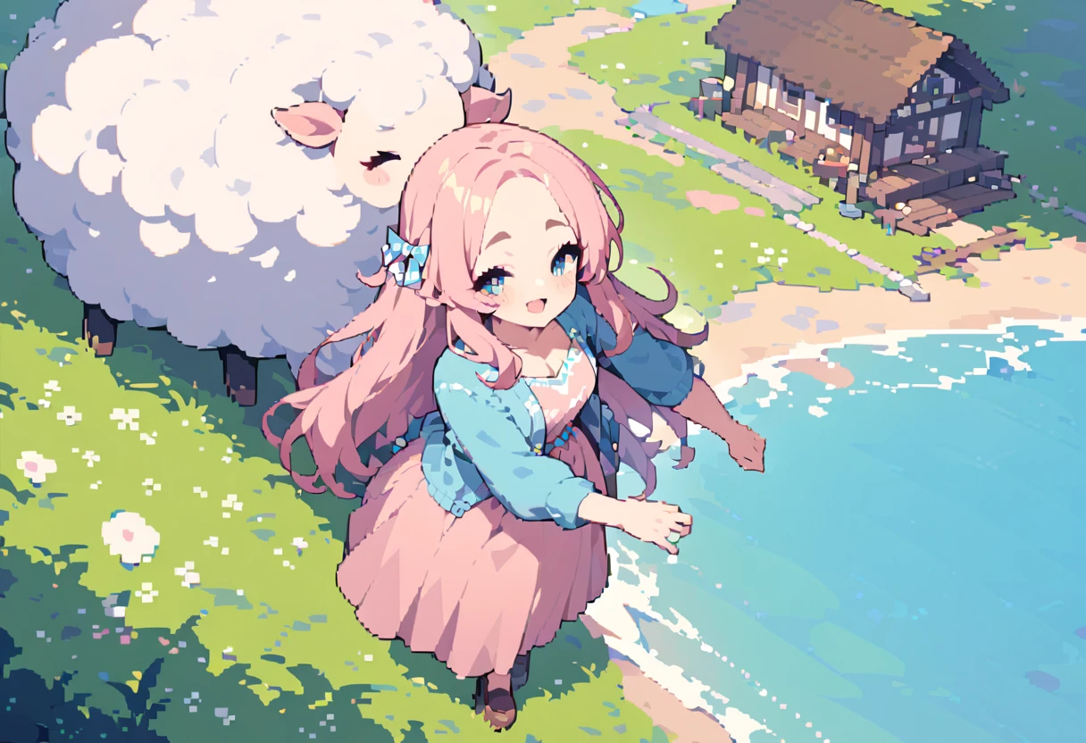 masterpiece, Highest quality, 8k, Vivid, woman, 若いwoman, smile, cute, Directed at an angle, Open your mouth, Fluffy hair, Long Hair, Hair like sheep's hair, Pink Hair, eyebrow, 太いeyebrow, Pink dress, Long skirt, Light blue cardigan, Brown shoes, ((羊 AND woman, Playing by the water)), grassland, Beautiful pixel art