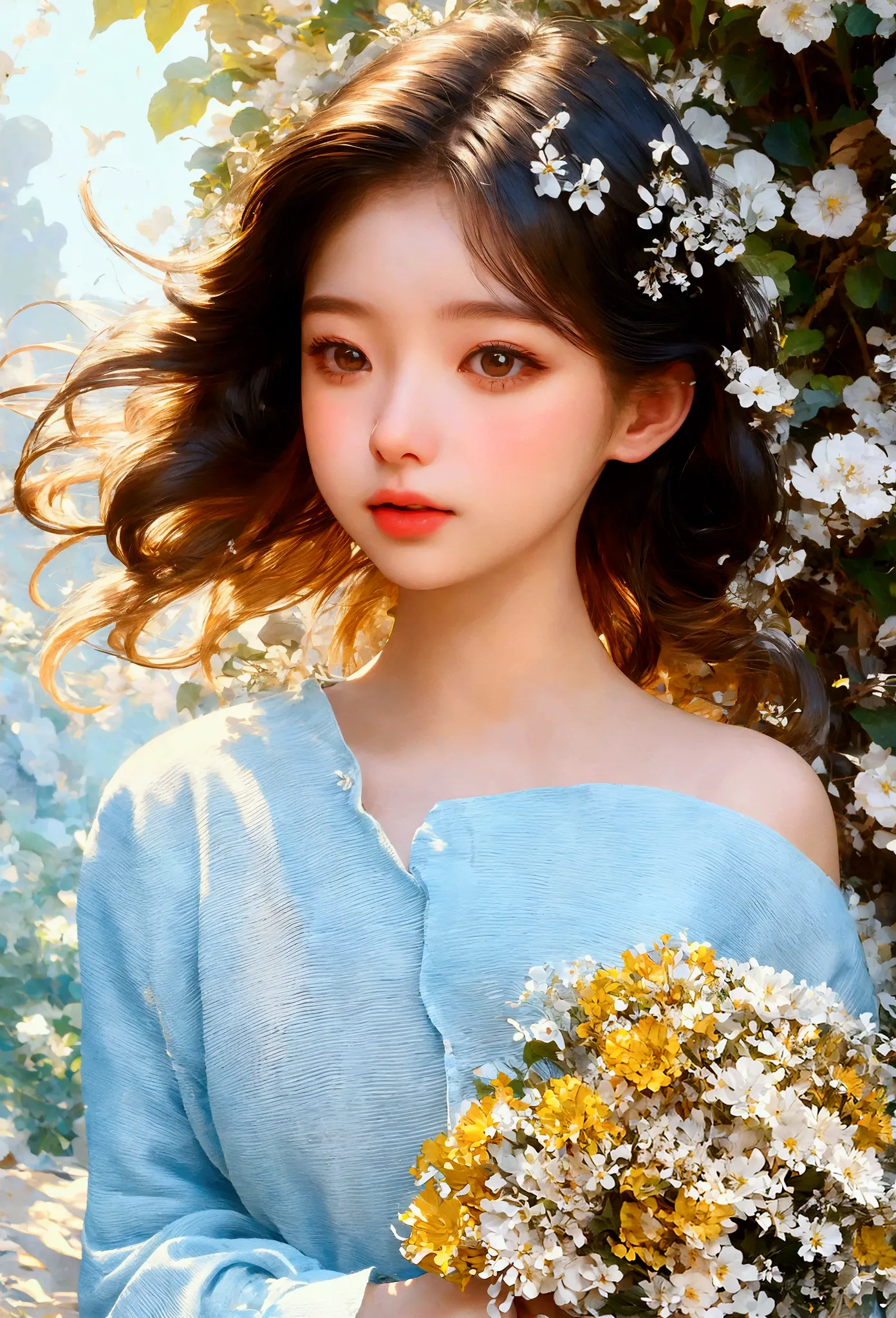 a girl looking down, wind, particles, intricate and detailed natural background, bright mood, upper body, (best quality, masterp...