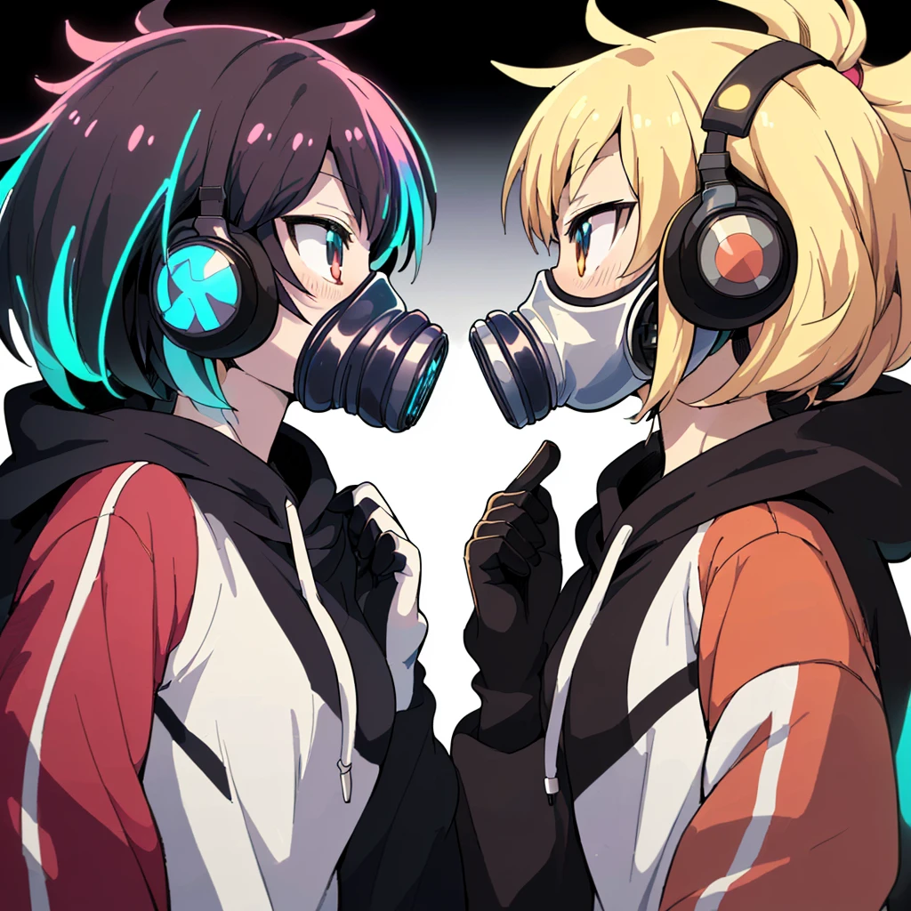 1girl,(((Highest quality、Masterpiece、Official Art、Super detailed、Anime Style、The best dynamic composition、profile、Perfect Anatomy)))、 Headphones, hoodie, Vibrant colors, neon, White background、gas mask、They&#39;re holding guns to each other&#39;s chests、Face close-up、