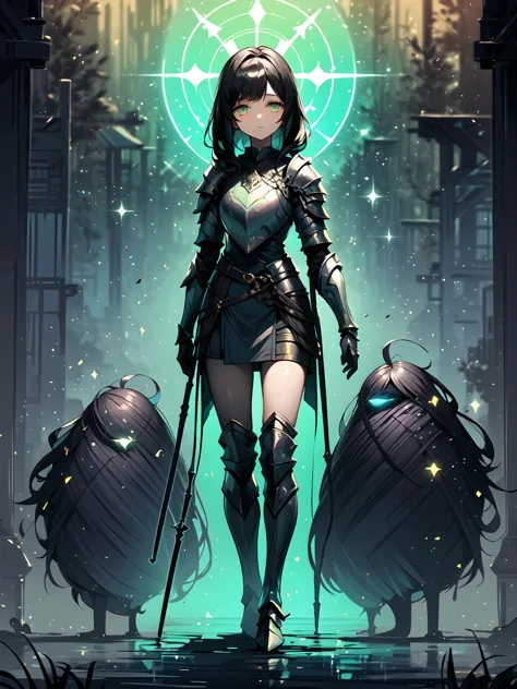 (((masterpiece, best quality, 16k))) female character with long black hair and glowing green eyes. she wears an ethereal armor i...