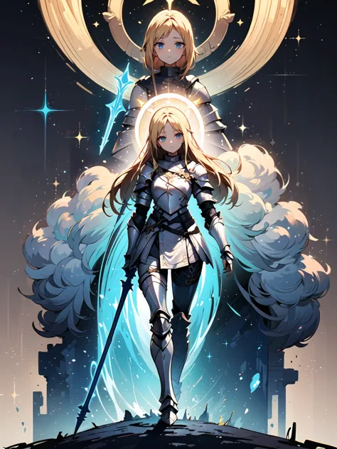 (((masterpiece, best quality, 16k))) female character with long blonde hair and bright blue eyes. she wears a celestial armor in...