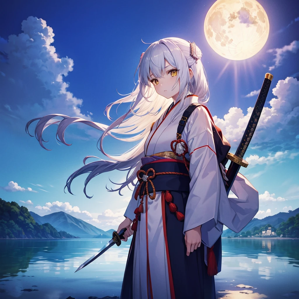 One woman,Japanese Samurai((Cool expression holding a sword,Mature,Close-up)) background(Big full moon,Reflected in the lake) Serious expression,Looking diagonally upwards, pure white long hair,Yellow eyes blowing in the wind,A very shiny yellow butterfly,Standing on a mysterious lake,Lonely Japanese anime style