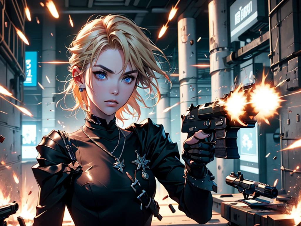 (girl holding wine glass), ((glass of bullets)), glass filled with ammunition, masterpiece, highest quality, (solo focus), (perfect face:1.1), (high detail:1.1), 1girl, Paine, (((firing, bullet, gun, light particles))), blonde hair, ((long hair)), blue eyes, ((sheer feminine black dress)), pendant, earrings, jewelry, bellybutton visible through clothes, detailed background, loft, neon cityscape, cyberpunk, cinematic lighting
