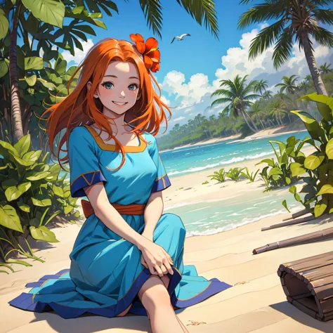 high resolution:2, high quality:2, solo:2, 1girl, marin, wearing blue dress, orange hair, red flower in hair, at the beach, sitt...