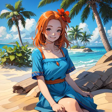 high resolution:2, high quality:2, solo:2, 1girl, marin, wearing blue dress, orange hair, red flower in hair, at the beach, sitt...