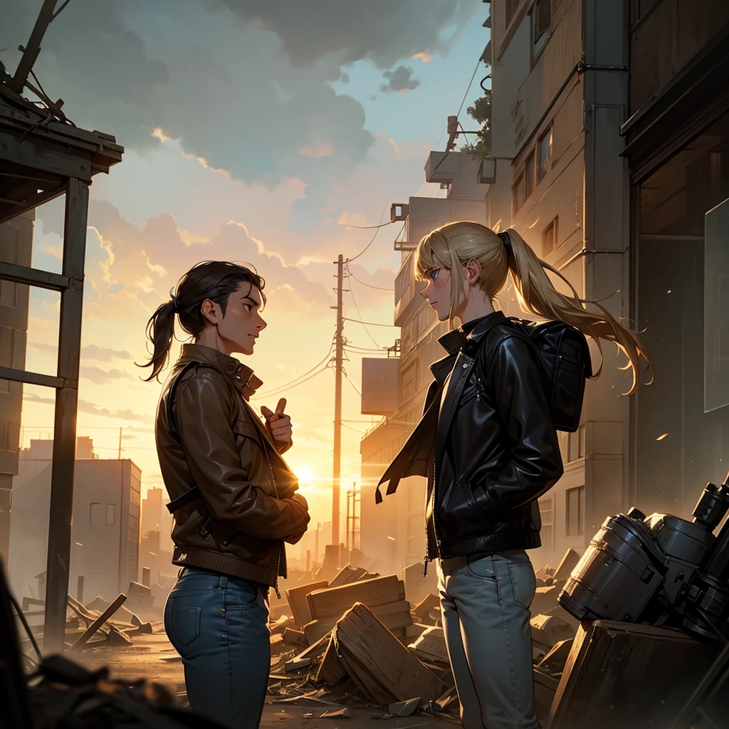 A 30-year-old man, tall and athletic, with short dark brown hair and gray eyes, wears a worn dark leather jacket, a gray shirt, and tactical pants. He stands protectively with an arm around a 14-year-old girl of slender build, with long blonde hair tied in a ponytail and large blue eyes, wearing a simple outfit of a light jacket and worn jeans. The man looks protective and determined, while the girl leans into him, showing trust and gratitude. Set in a post-apocalyptic environment with ruined buildings and small plants growing among the debris. The sky is cloudy, with sun rays breaking through, softly illuminating the scene. The atmosphere conveys protection and care, with a backpack on the ground suggesting their shared struggle. Realistic art style, with warm, earthy colors emphasizing the emotional connection. Soft, warm lighting highlights the intimate moment, with shadows adding depth to the bond between them.