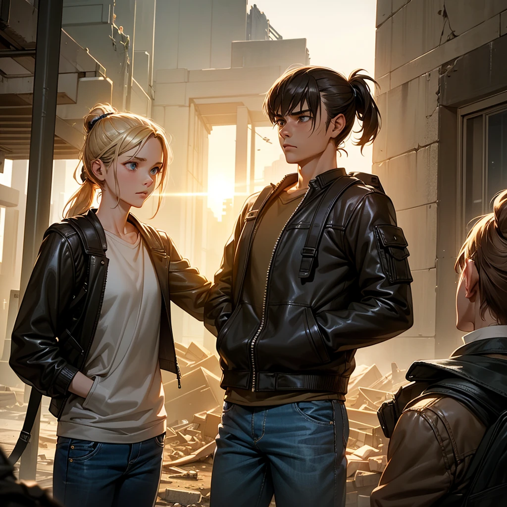 A 30-year-old man, tall and athletic, with short dark brown hair and gray eyes, wears a worn dark leather jacket, a gray shirt, and tactical pants. He stands protectively with an arm around a 14-year-old girl of slender build, with long blonde hair tied in a ponytail and large blue eyes, wearing a simple outfit of a light jacket and worn jeans. The man looks protective and determined, while the girl leans into him, showing trust and gratitude. Set in a post-apocalyptic environment with ruined buildings and small plants growing among the debris. The sky is cloudy, with sun rays breaking through, softly illuminating the scene. The atmosphere conveys protection and care, with a backpack on the ground suggesting their shared struggle. Realistic art style, with warm, earthy colors emphasizing the emotional connection. Soft, warm lighting highlights the intimate moment, with shadows adding depth to the bond between them.