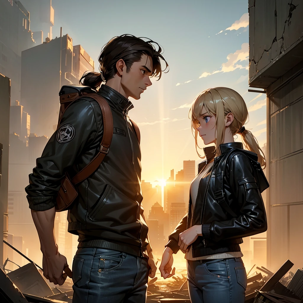 A 30-year-old man, tall and athletic, with short dark brown hair and gray eyes, wears a worn dark leather jacket, a gray shirt, and tactical pants. He stands protectively with an arm around a 14-year-old girl of slender build, with long blonde hair tied in a ponytail and large blue eyes, wearing a simple outfit of a light jacket and worn jeans. The man looks protective and determined, while the girl leans into him, showing trust and gratitude. Set in a post-apocalyptic environment with ruined buildings and small plants growing among the debris. The sky is cloudy, with sun rays breaking through, softly illuminating the scene. The atmosphere conveys protection and care, with a backpack on the ground suggesting their shared struggle. Realistic art style, with warm, earthy colors emphasizing the emotional connection. Soft, warm lighting highlights the intimate moment, with shadows adding depth to the bond between them.