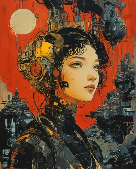 philippe druillet,enki bilal inspired french comics art "(cyberpunk:1.4),chinesegirl，(caricature line art illustration:1.4), (be...