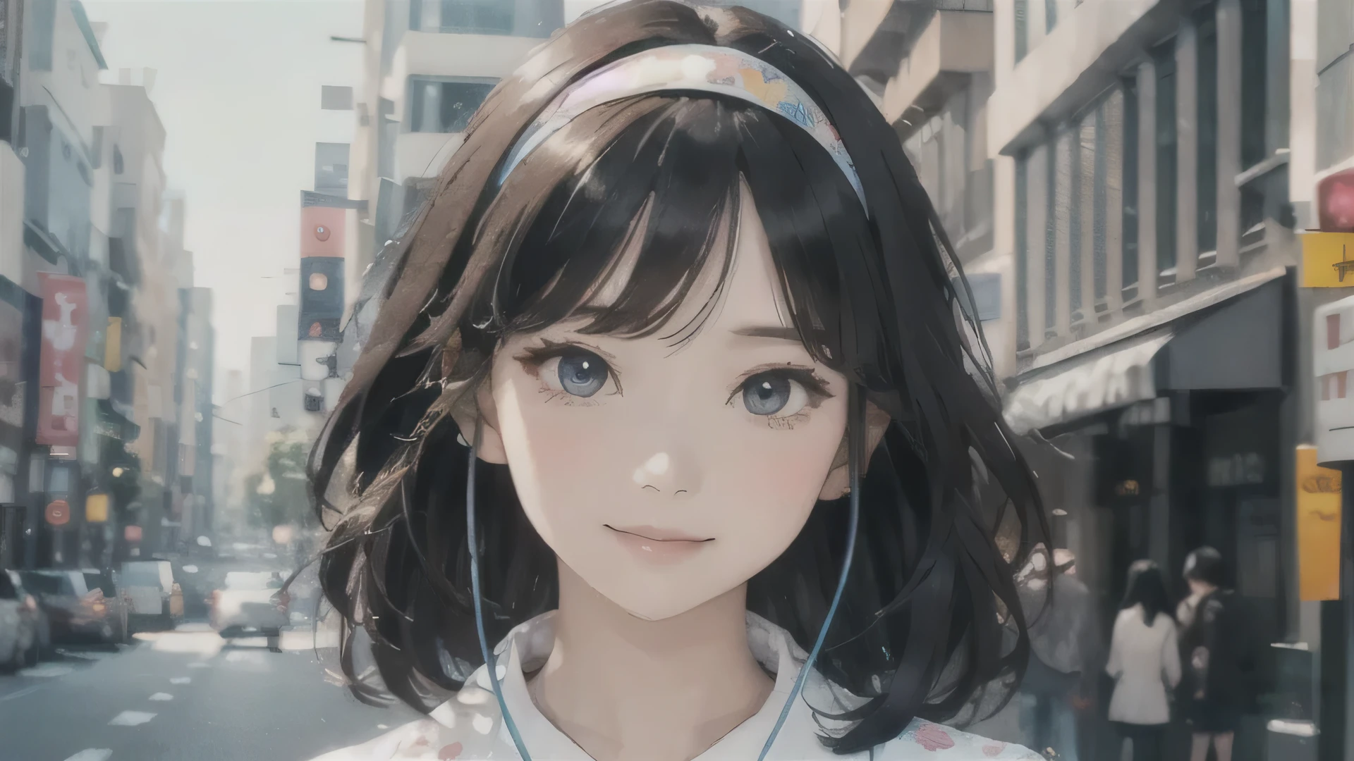 (masterpiece, Highest quality), Beautiful woman, Cropped shirt with cute print, Jacket, jeans, Short Wavy Hair, head band, Asymmetrical bangs, Perfect Face, Beautiful Face, Fascinating, big, colorful eyes, A kind smile, Perfect slim fit body, City Street, Seoul, Bright colors, Pencil sketch, Black and White、(Headphones)