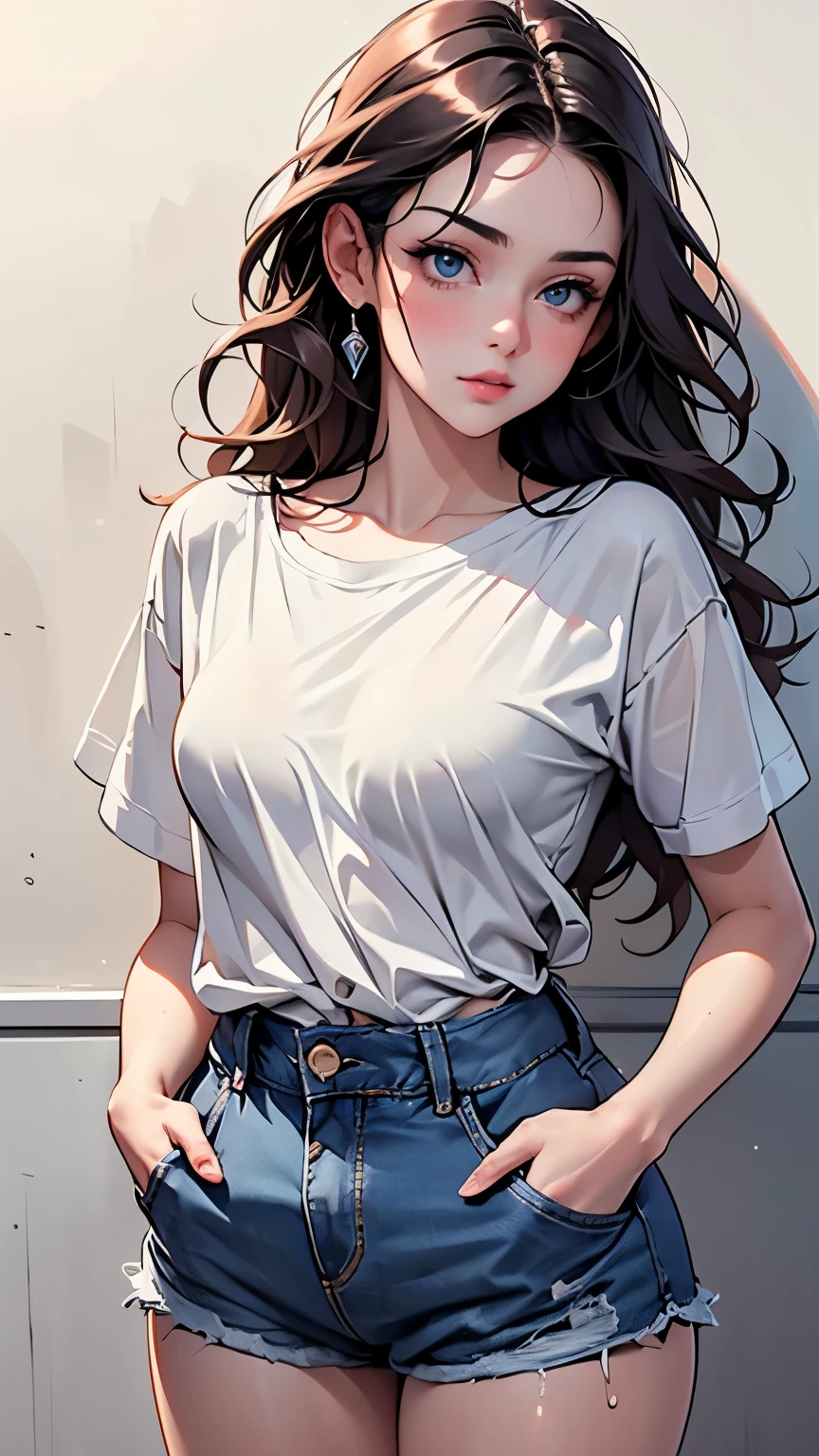 Adorable girl, sweat, lightly dressed, underwear showing through, very cute, round face, solo, slim, medium breasts, short height, insanely adorable, shiny skin, plain white t-shirt, denim shorts, hands in pockets, (((kissed face)))