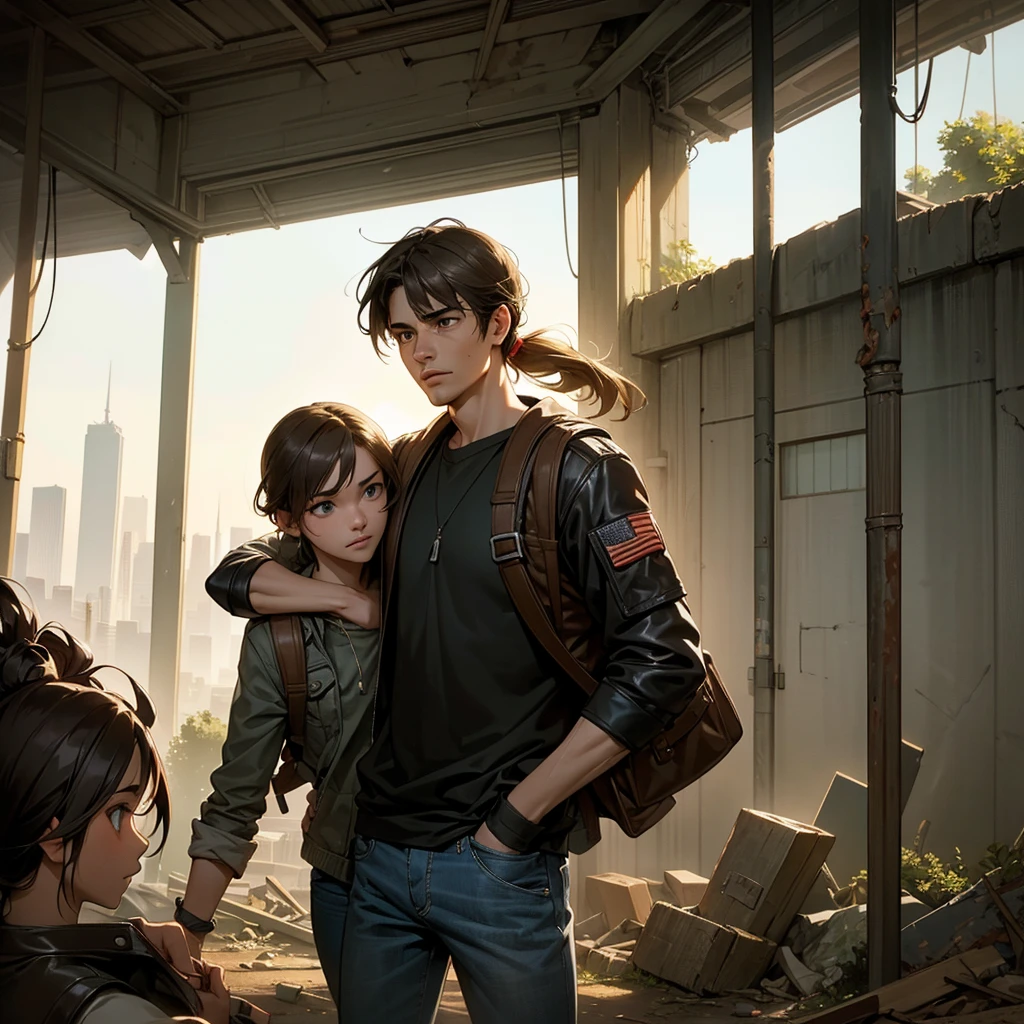 A 30-year-old man, tall and athletic, with short dark brown hair and gray eyes, wears a worn dark leather jacket, a gray shirt, and tactical pants. He stands protectively with an arm around a 14-year-old girl of slender build, with long blonde hair tied in a ponytail and large blue eyes, wearing a simple outfit of a light jacket and worn jeans. The man looks protective and determined, while the girl leans into him, showing trust and gratitude. Set in a post-apocalyptic environment with ruined buildings and small plants growing among the debris. The sky is cloudy, with sun rays breaking through, softly illuminating the scene. The atmosphere conveys protection and care, with a backpack on the ground suggesting their shared struggle. Realistic art style, with warm, earthy colors emphasizing the emotional connection. Soft, warm lighting highlights the intimate moment, with shadows adding depth to the bond between them.