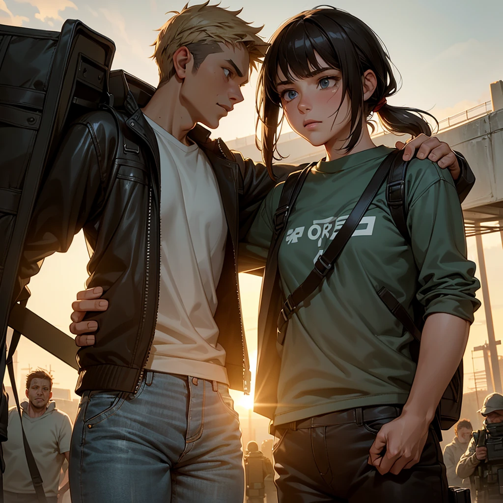 A 30-year-old man, tall and athletic, with short dark brown hair and gray eyes, wears a worn dark leather jacket, a gray shirt, and tactical pants. He stands protectively with an arm around a 14-year-old girl of slender build, with long blonde hair tied in a ponytail and large blue eyes, wearing a simple outfit of a light jacket and worn jeans. The man looks protective and determined, while the girl leans into him, showing trust and gratitude. Set in a post-apocalyptic environment with ruined buildings and small plants growing among the debris. The sky is cloudy, with sun rays breaking through, softly illuminating the scene. The atmosphere conveys protection and care, with a backpack on the ground suggesting their shared struggle. Realistic art style, with warm, earthy colors emphasizing the emotional connection. Soft, warm lighting highlights the intimate moment, with shadows adding depth to the bond between them.