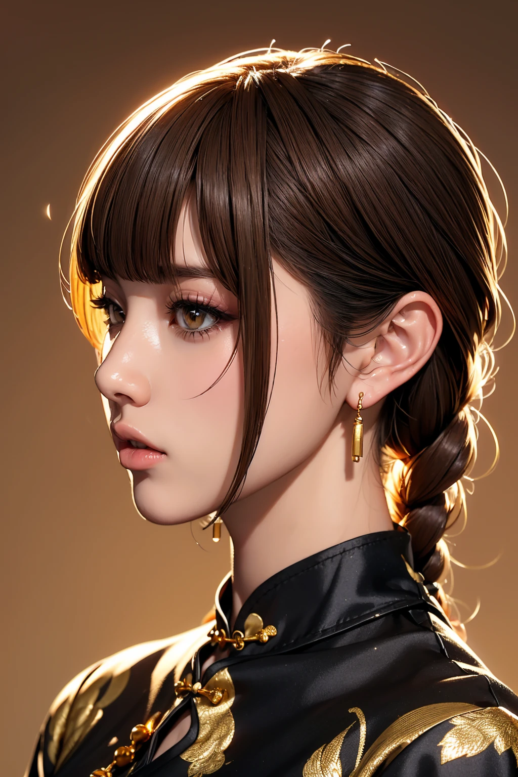 Realistic, masterpiece, Highest quality, Highest Resolution, Anatomically correct, Accurate Anatomy, 7 heads, Height: 165cm, One Japanese woman, A sharp expression with some teeth showing, Profile staring into the distance, Fine and beautiful eyes, Sparkling eyes, Thin eyebrows, Gives lashes a delicate finish, False eyelashes, (Chinese traditional makeup:1.2), (Braided hair, Blunt bangs, Brown Hair:1.2), Detailed face, Sharp Eyes, (Classic black and gold cheongsam, Fitted clothing:1.3), Bust up photo, Blank background in warm colors