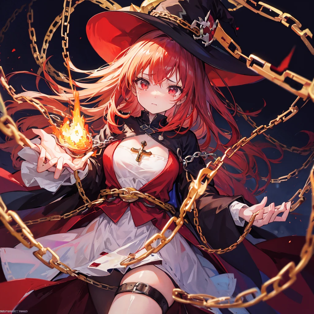 One woman,witch((despair,Tears flowing from the cross,Winding Chain)) background,(Burning bright red,A large crowd) Three-cornered hat,witchのローブ