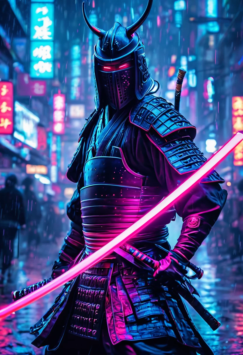 Cyberpunk Samurai

Prompt: cena de ação, um samurai cyberpunk com armadura neon e empunhando uma katana brilhante, por Yuumei, holofotes dramáticos, explosão de zoom