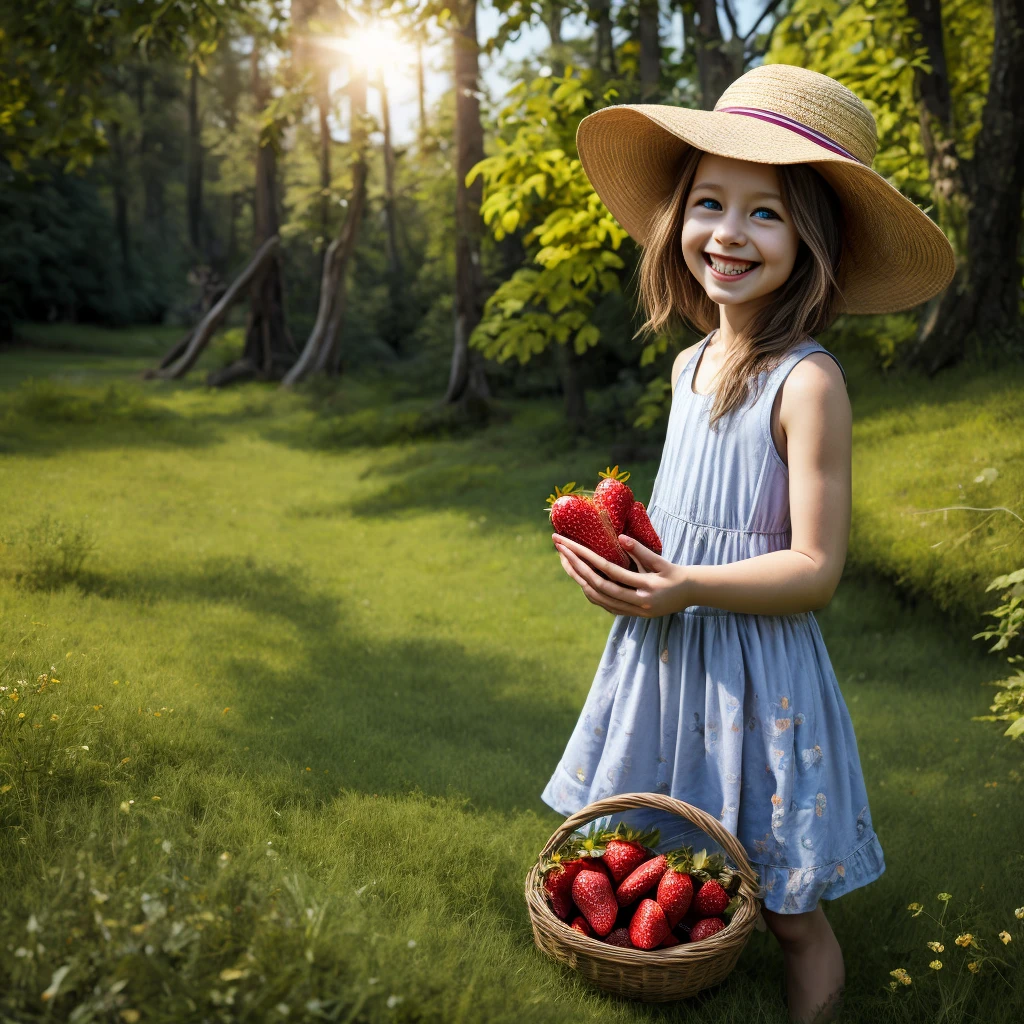 strawberry, detailed strawberry, strawberry field, 1 girl, girl in strawberry field, beautiful girl, beautiful girl in strawberry field, girl picking strawberry, girl with basket of strawberries, girl smiling, girl in summer dress, girl in sun hat, girl in natural lighting, natural lighting, vibrant colors, lush foliage, detailed foliage, detailed leaves, detailed grass, realistic, photorealistic, 8k, high resolution, masterpiece, detailed painting, digital painting, oil painting, hyperrealistic