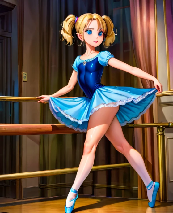 1girl, dee dee, blonde hair, short twintails, blue eyes, ballet dress, ballet shoes