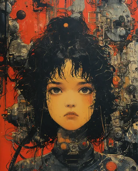 philippe druillet,enki bilal inspired french comics art "oil style、digitalart、1990s anime style、black hair bob、japan beautiful g...