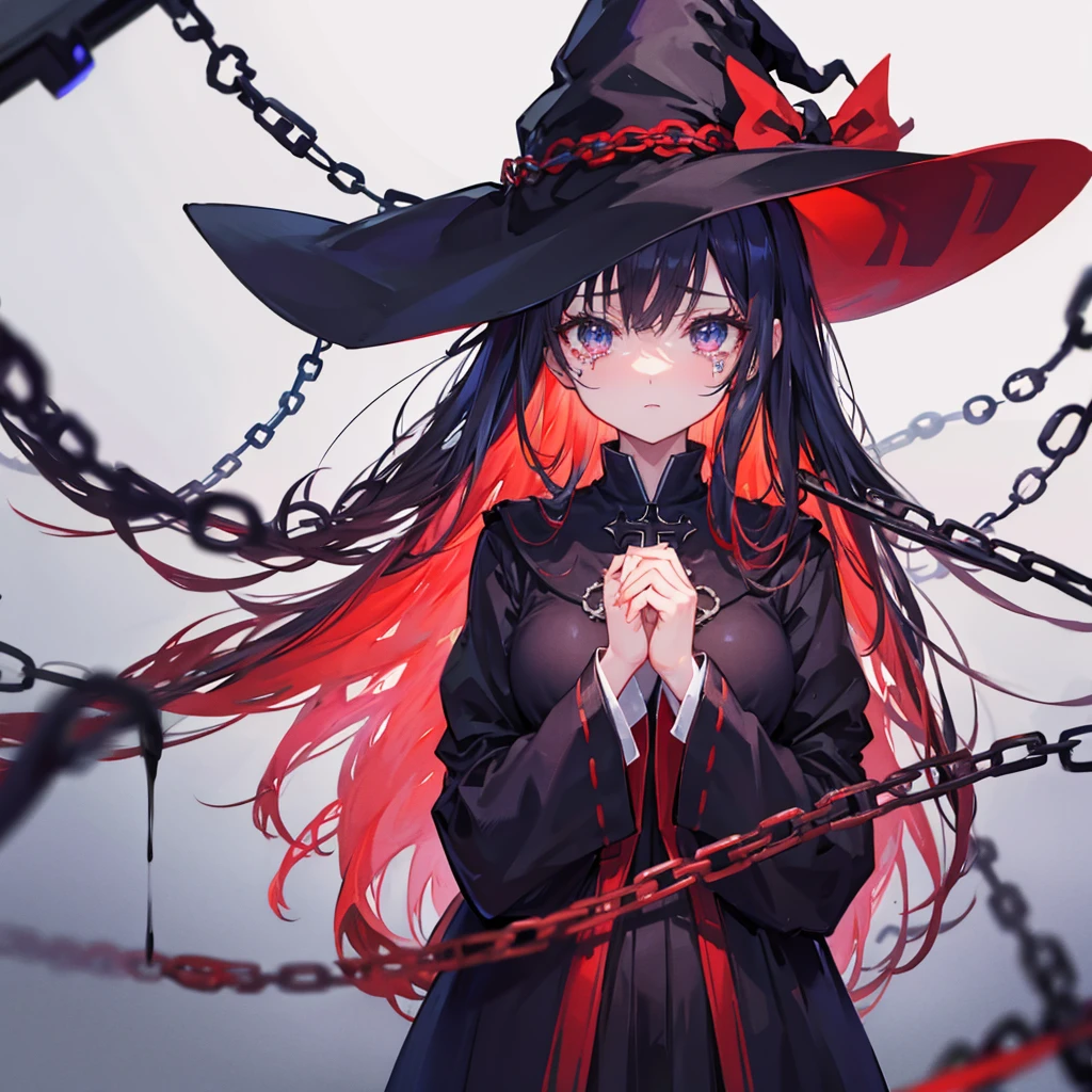 One woman,witch((despair,Tears flowing from the cross,Winding Chain)) background,(Burning bright red,A large crowd) Three-cornered hat,witchのローブ (hair,Her Eyes),red