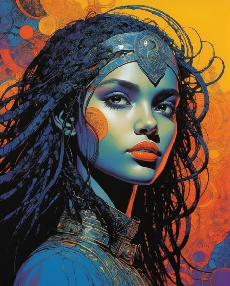 philippe druillet,enki bilal inspired french comics art "teen girl slightly smiling, vibrant and bold pop art with high contrast...