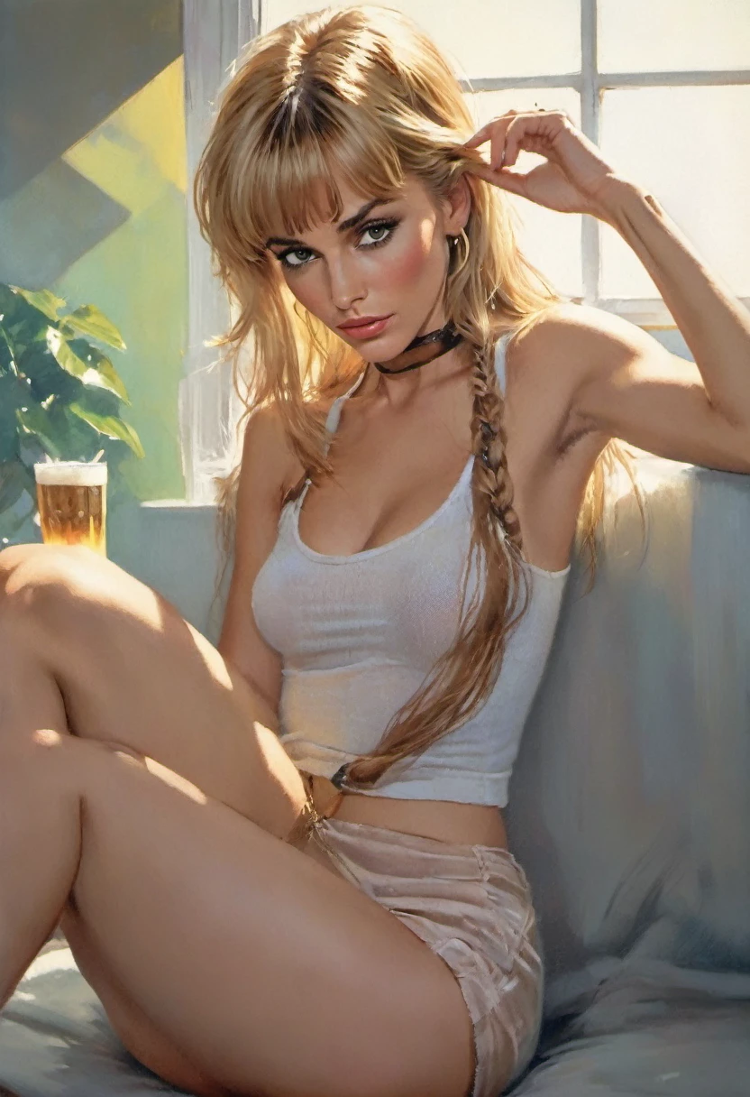 1980s style hyperrealistic photo of an extremely attractive skinny tall blonde woman in her 40s, (((her blonde ombre hair is very long with short hair bangs))) , her nose is slightly big, dark brown eyes, she has a little acne on her face and slight wrinkles around her aging face, she has the body of a teenage supermodel, perfect legs, thin long torso, small ribs, quite wide hips, very fit and sensuous looking, her look is lusty and really sexual, wearing a white shirt and black leather jacket, in a New York apartment, photography by nan goldin, by william eggleston, faded, film grain, cross processed image, best quality, masterpiece, (((big boobs))), (((big puffy glossy lips))) Extremely attractive and sensuous 42 years old very attractive blonde in the prime of her body, despite her aging face, best quality photorealism, highly detailed, very fertile, mature, long ombre hair, short hair bangs, sweaty skin, small ribs, Emily Ratajkowski's voluptuous big glossy lips, ultra HD, modern trendy chic alternative outfit, big lips, very long hair, tanned, body freckles, long bony torso, perfect body, small waist, small ribs, big chest, dark eyes, veiny arms, slightly big nose, highlighted short hair bangs, gold ray shaped earring, vintage, photorealism Fred Herzog, Maneater Extremely attractive and sensuous 42 years old very attractive blonde in the prime of her body, despite her aging face, best quality photorealism, highly detailed, very fertile, mature, long ombre hair, short hair bangs, sweaty skin, small ribs, Emily Ratajkowski's voluptuous big glossy lips, ultra HD, modern trendy chic alternative outfit, big lips, very long hair, tanned, body freckles, long bony torso, perfect body, small waist, small ribs, big chest, dark eyes, veiny arms, slightly big nose, highlighted short hair bangs, gold ray shaped earring, vintage, photorealism Fred Herzog, maneater