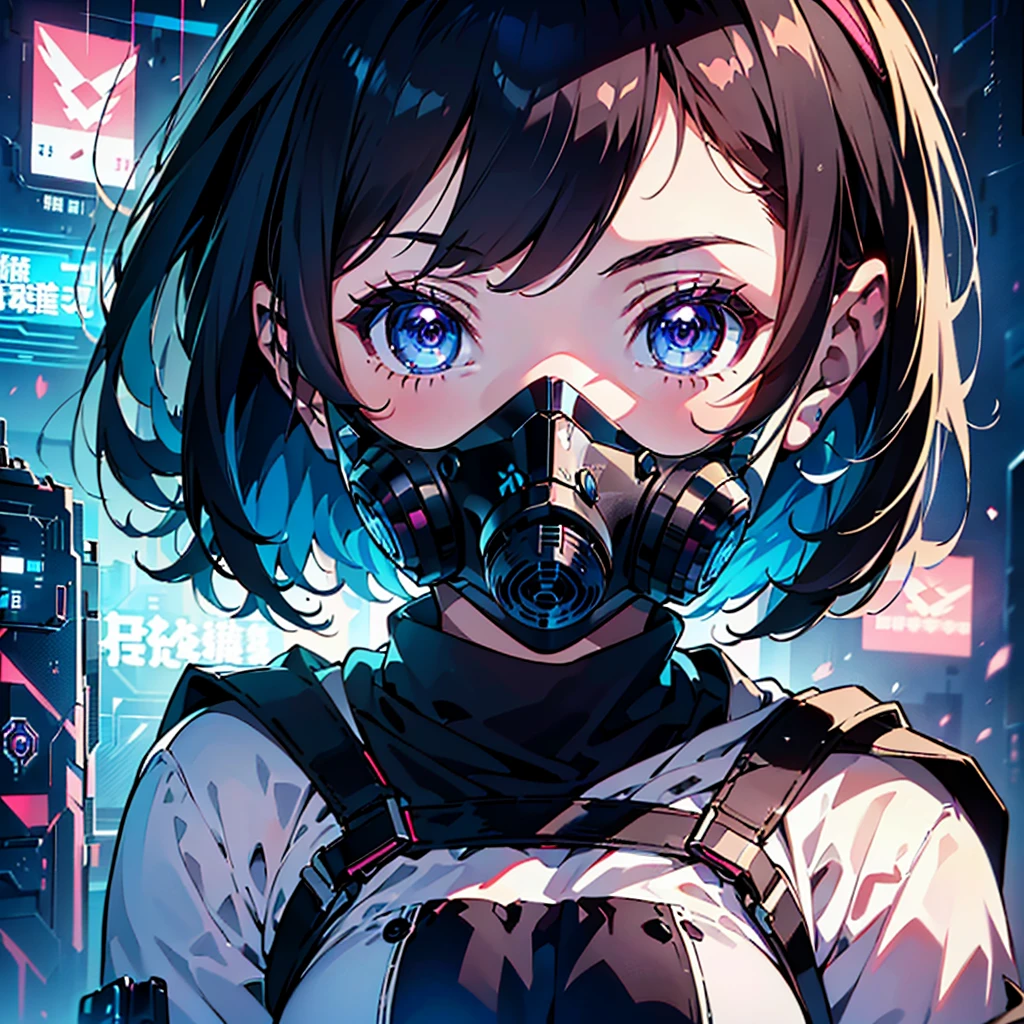 1girl,(((Highest quality、Masterpiece、Official Art、The best dynamic composition、Super detailed、Anime Style、cyber punk)))、profile、Face close-up、gas mask、Futuristic neon geometric background、