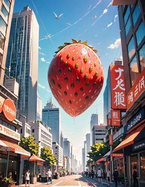 (best quality),gigantic strawberry monster,ultra-detailed,no human,city,sharp focus,aesthetic, score_9, score_8_up, score_7_up,s...