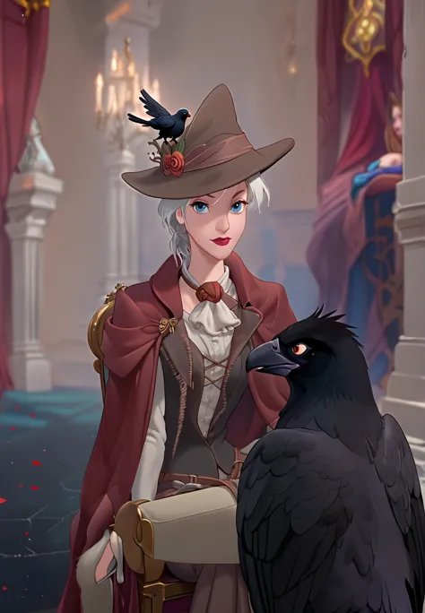 eileen the crow from the game bloodborne disney drawing style sitting on a throne.