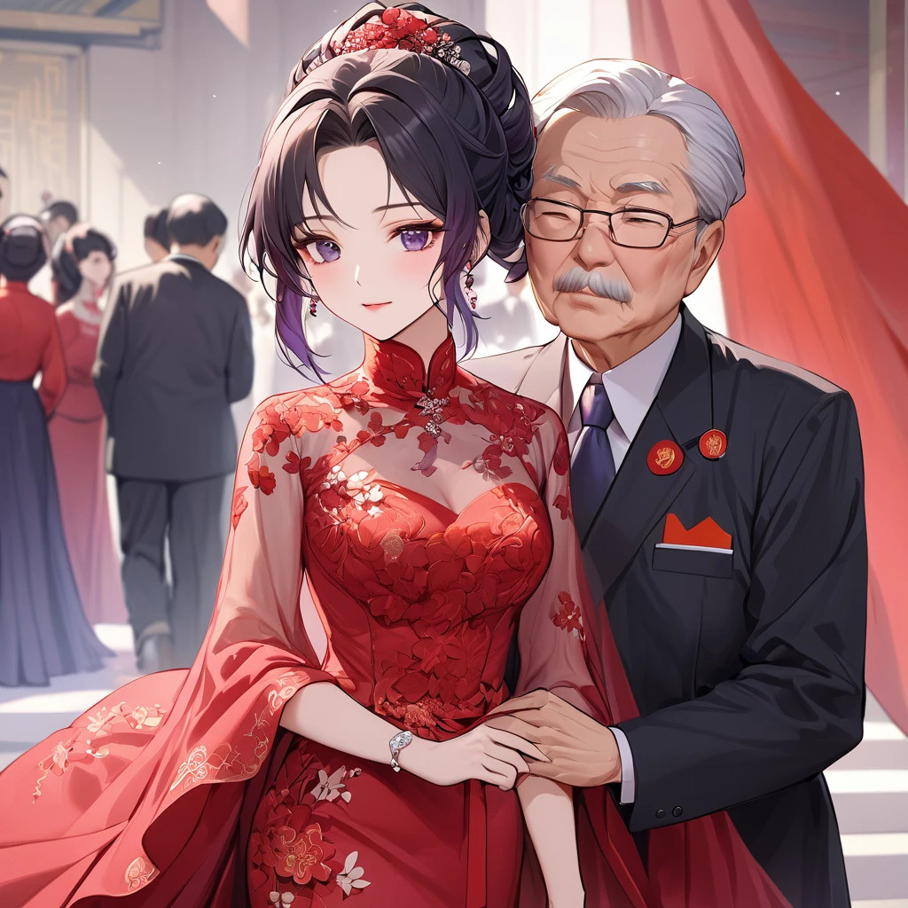 ((Highest quality)), ((masterpiece)), (detailed), （Perfect Face）、The woman is a Chinese woman named Kocho Shinobu.。, Purple gradient bob black hair and formal evening hairstyles. She is wearing an engagement ring. She is a prominent member of the Chinese Communist Party.、She is the wife of a great old Communist Party official.。.、A woman is wearing a gorgeous red wedding dress、She had a loving wedding with a dignified elderly Communist Party official.。