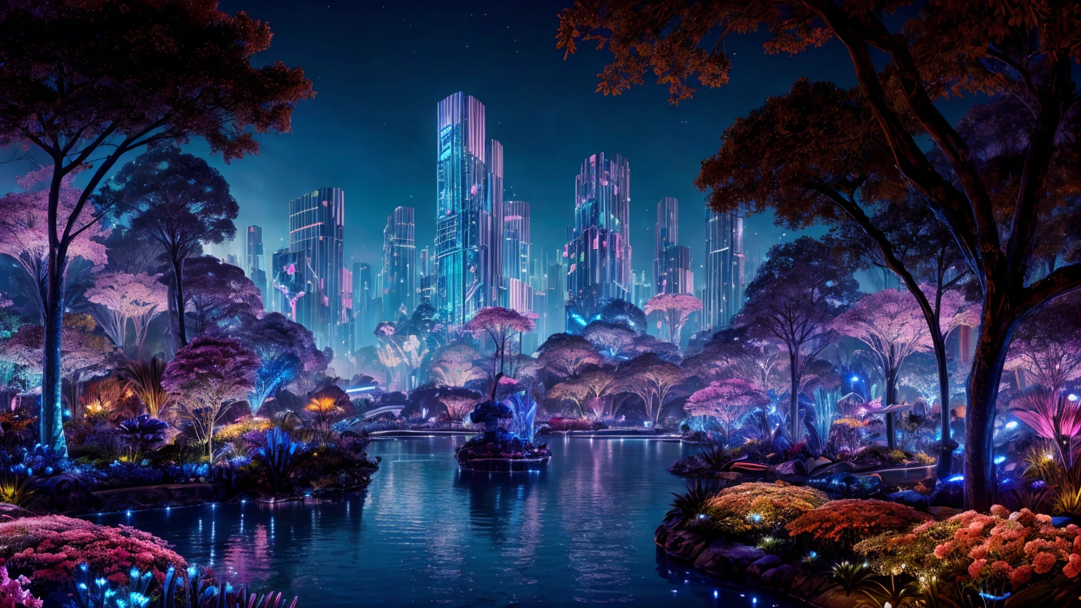 A fantasy kingdom in the midst of Floating mountains similar to the world of Pandora from Avatar, at night, with floral flowers and trees all over the city, falling colourful flowers and blooms, with multiple huge statues in the middle of the city, cinematic photo. Neon lights spread over the city, with the city glowing at dark. Bioluminescent light glowing all over the city.