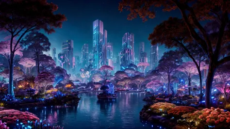 a fantasy kingdom in the midst of floating mountains similar to the world of pandora from avatar, at night, with floral flowers ...